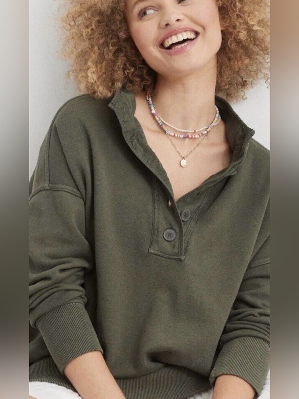 AERIE GREEN BUTTON UP HENLEY SWEATSHIRT WOMENS